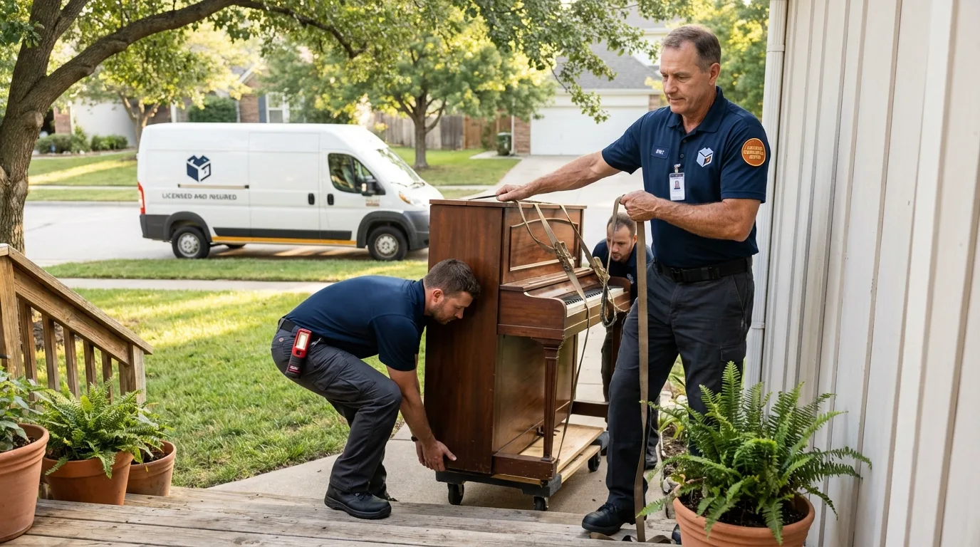 Licensed piano movers securing grand piano in Chester, NJ