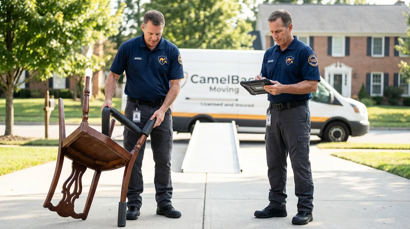 Movers inspecting furniture for damage prevention before loading in Chester, NJ