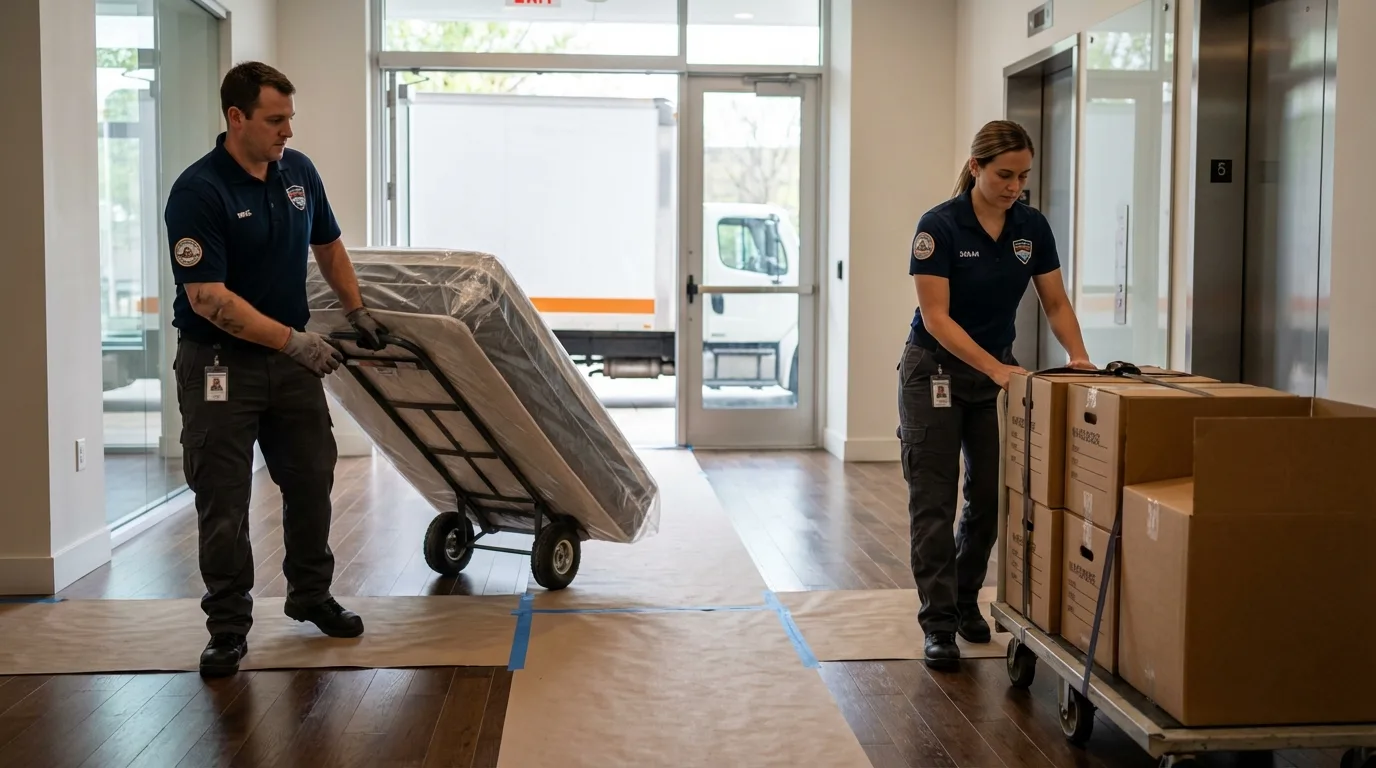 Professional apartment movers loading elevator in Chester, NJ