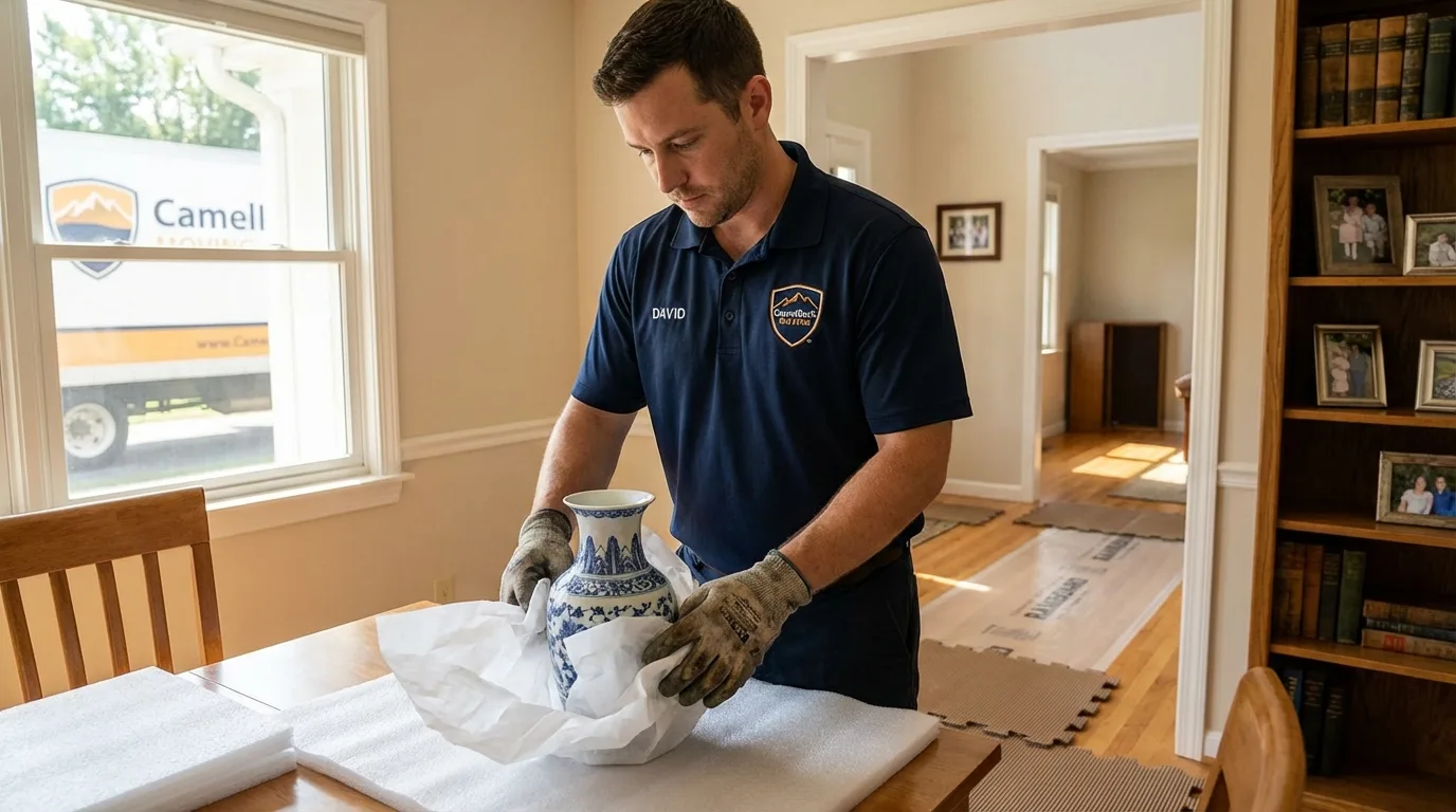 Professional crew carefully wrapping antique vase for senior downsizing move in Chester, NJ