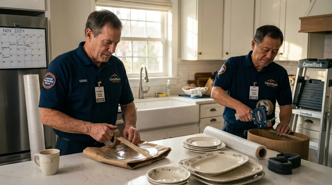 Professional crew packing kitchen dishware in Chester, NJ